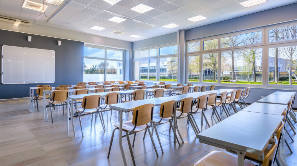 Clean classroom with spacious layout, modern furniture, and ready for students to arrive